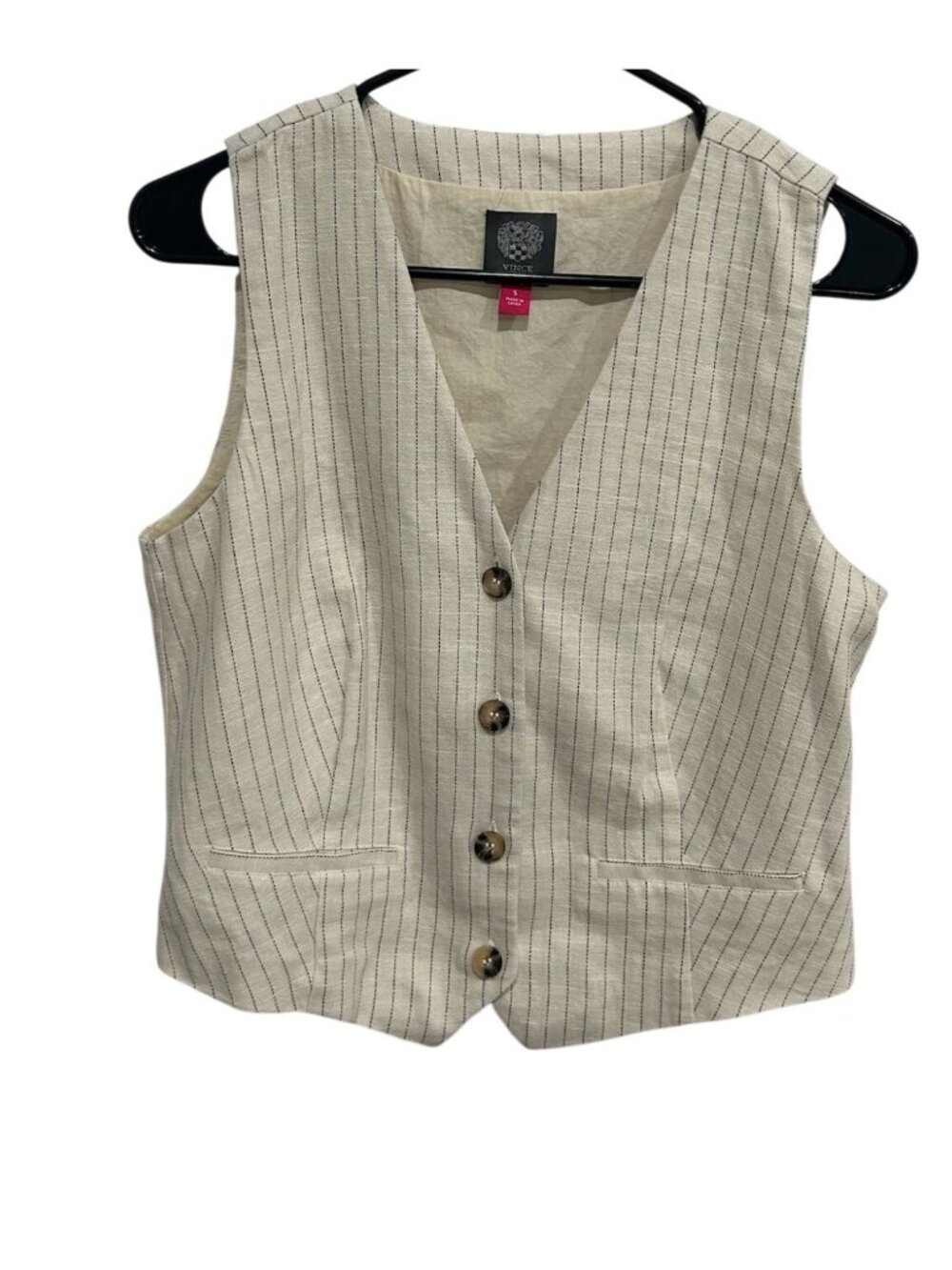 Vince Camuto Small Beige Pinstriped Button Down Vest Minimalist Light Academia
